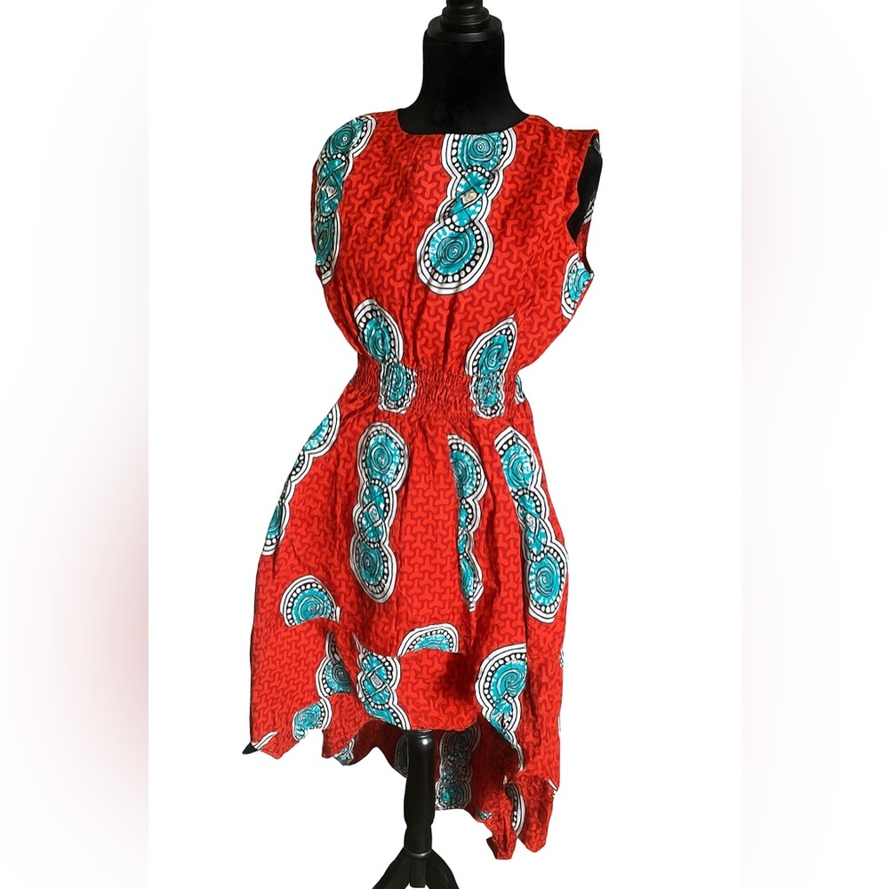 African Print- Red Patterned Sleeveless Dress w/ Scarf